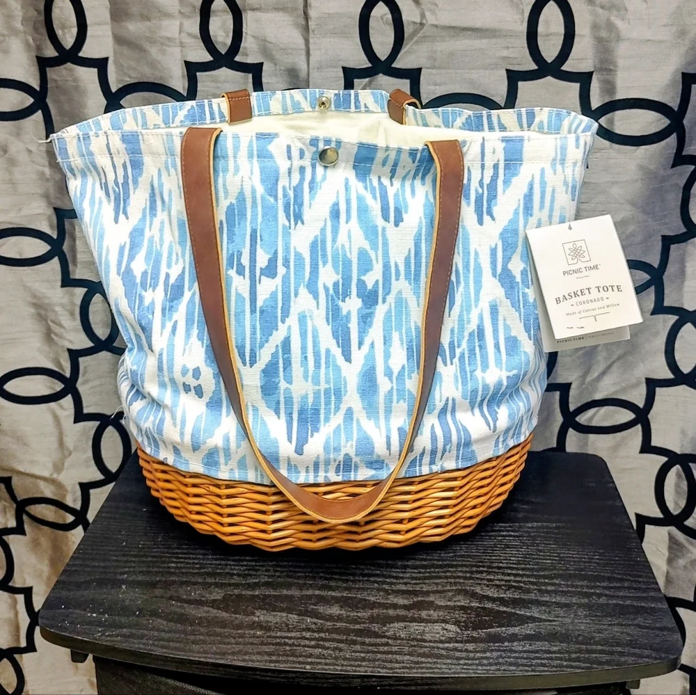 SOLD Picnic Time Basket Tote Blue Beach Canvas Willow Bag! - Picture 1 of 16